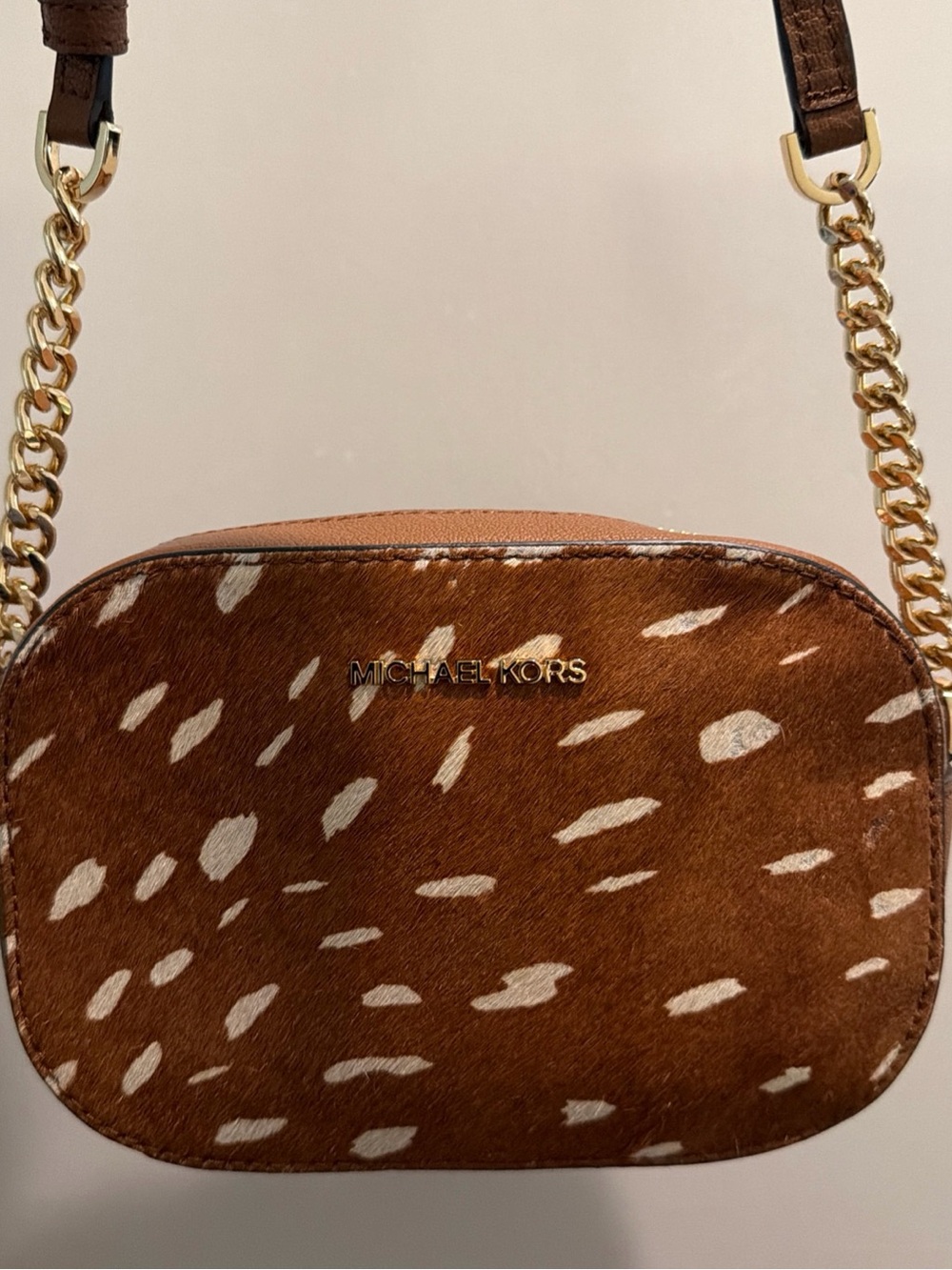 Michael Kors Bambi Deer Print Calf Hair Leather Crossbody Camera Bag